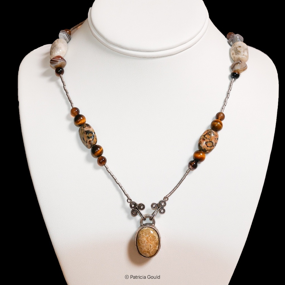 New - N19 -  Necklace - fossil coral, jasper, sterling silver - One of a kind